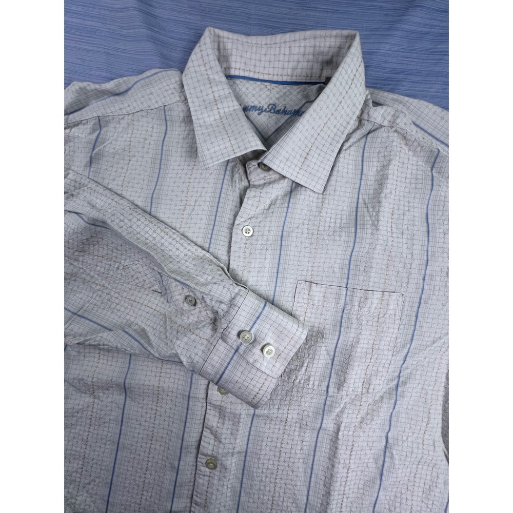 Tommy Bahama Mens XL Silk Button Down Shirt Long Sleeve Striped Textured Cream